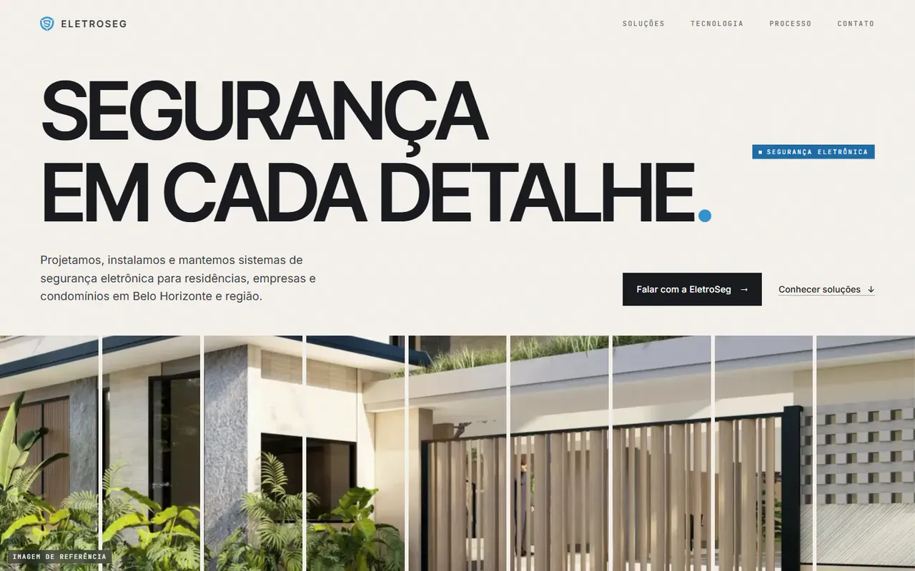 Página inicial do novo site da EletroSeg no desktop: “Segurança em cada detalhe”